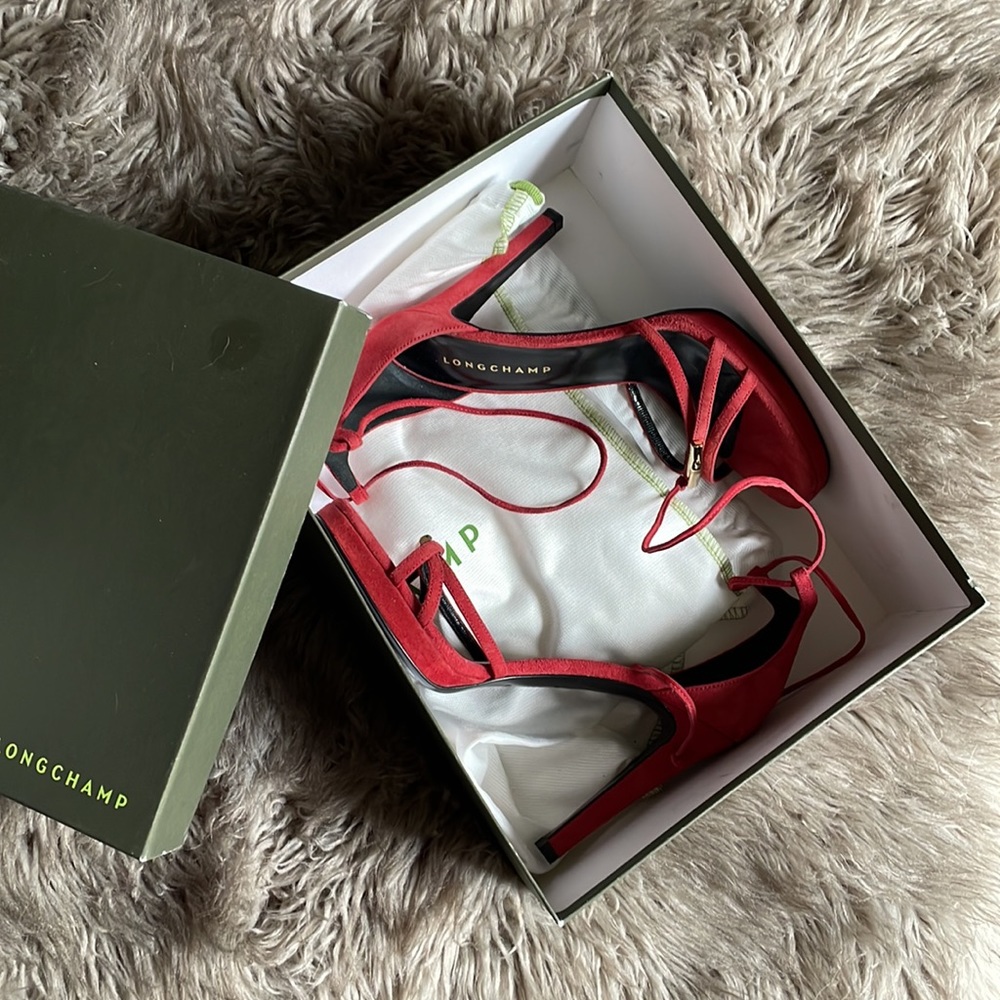 🆕 •LONGCHAMP• Lace Up Red Heels & Dust bag